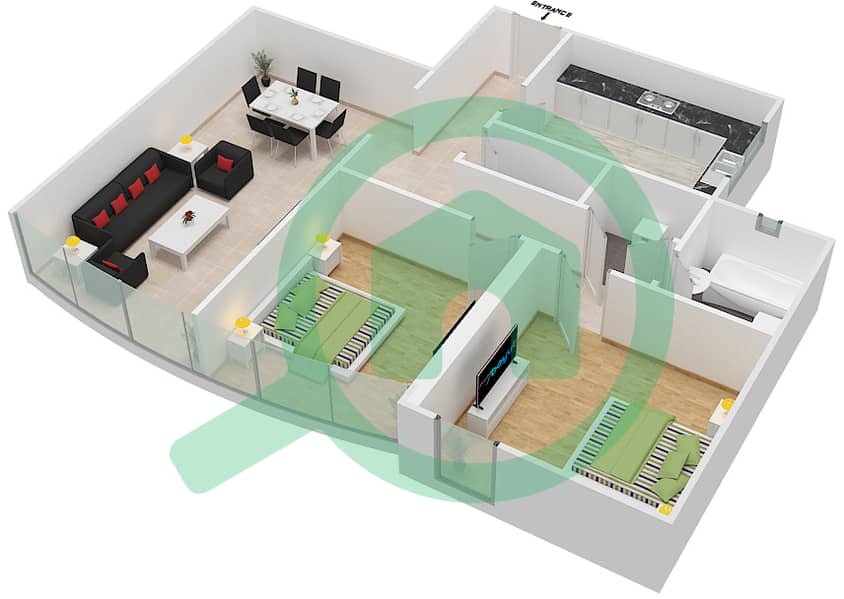 Нассер Тауэр - Апартамент 2 Cпальни планировка Тип F09  FLOOR 21-24 image3D