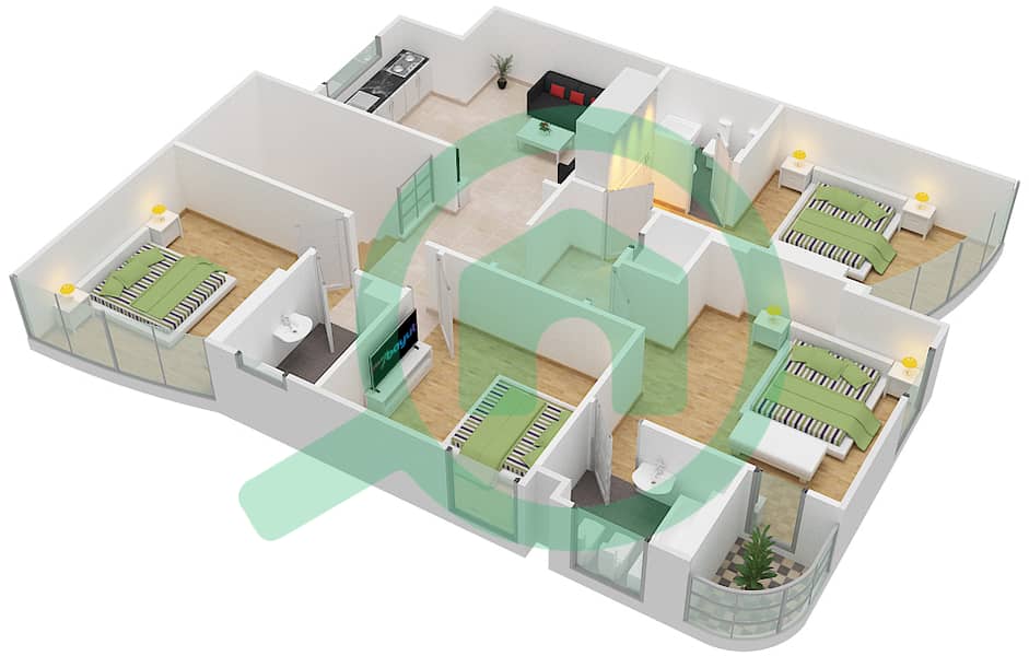 Нассер Тауэр - Апартамент 5 Cпальни планировка Тип F02 DUPLEX First Floor image3D