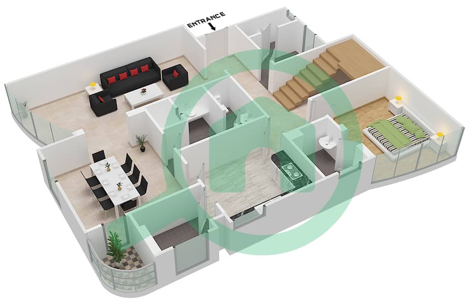 المخططات الطابقية لتصميم النموذج F03 DUPLEX شقة 5 غرف نوم - برج ناصر Ground Floor image3D