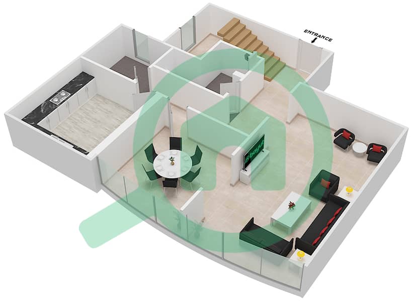 المخططات الطابقية لتصميم النموذج F06 DUPLEX شقة 3 غرف نوم - برج ناصر Ground Floor image3D