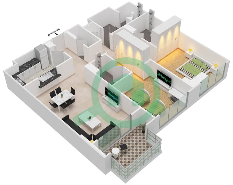 Беллевью Тауэр 1 - Апартамент 2 Cпальни планировка Тип/мера 1/4 / FLOOR L02-L21 Floor L02-L21 interactive3D