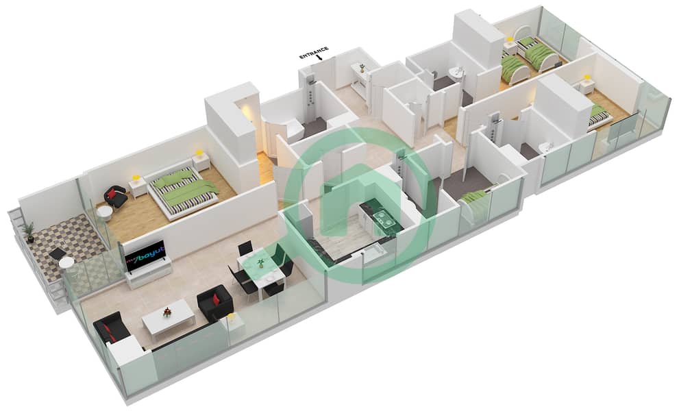贝尔维尤1号大厦 - 3 卧室顶楼公寓类型／单位1/1 / FLOOR L02-L21戶型图 Floor L02-L21 interactive3D