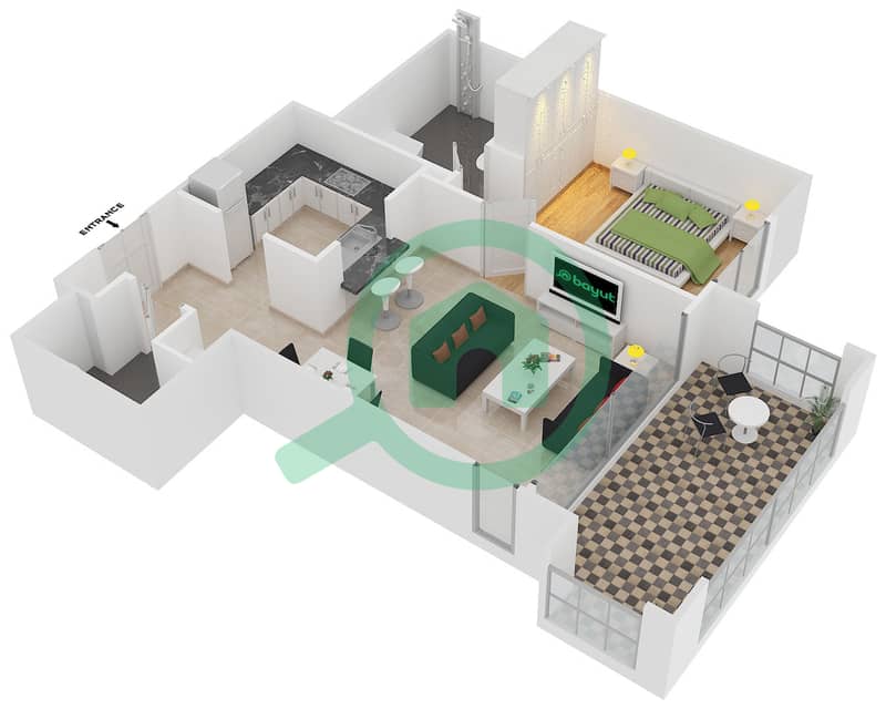 29大道2号塔楼 - 1 卧室公寓套房1 FLOOR 4-31戶型图 interactive3D
