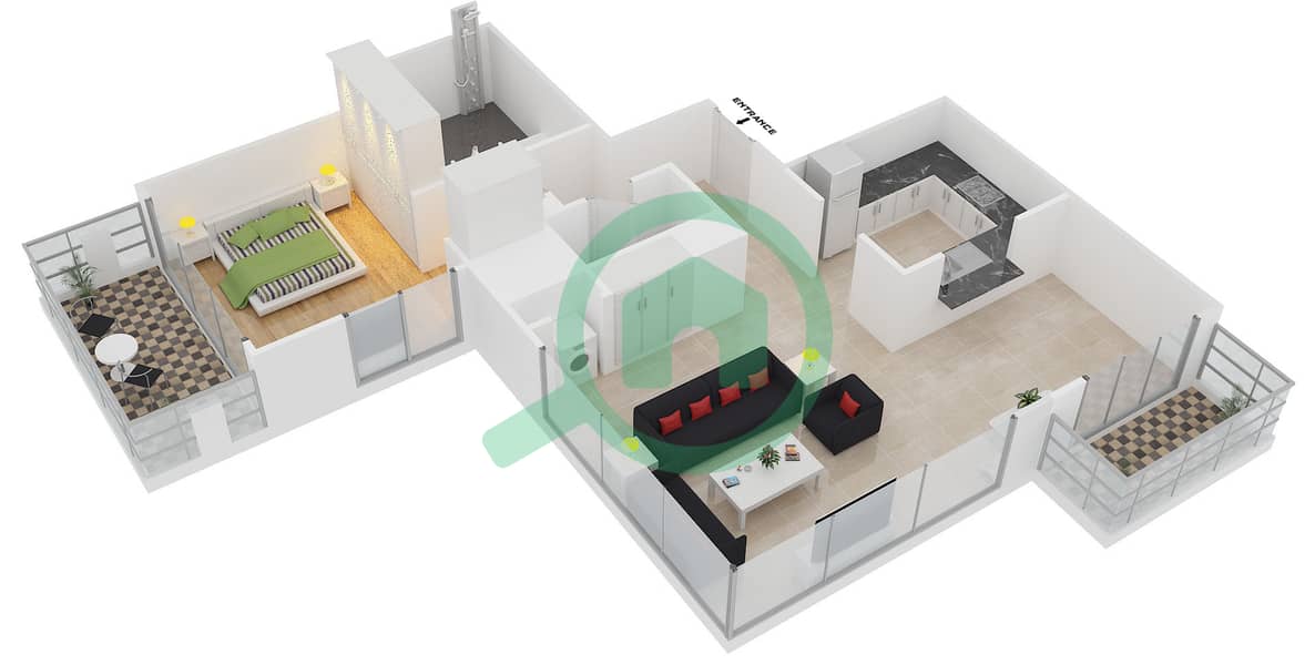 29大道2号塔楼 - 1 卧室公寓套房2 FLOOR 34-43戶型图 interactive3D