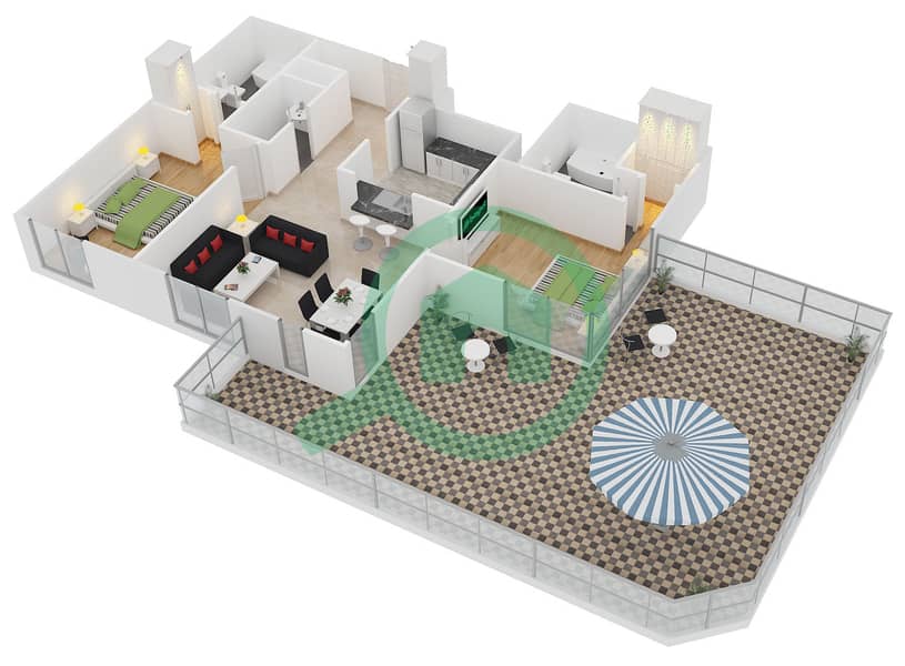 29 Бульвар 2 - Апартамент 2 Cпальни планировка Гарнитур, анфилиада комнат, апартаменты, подходящий 2 FLOOR 3 interactive3D