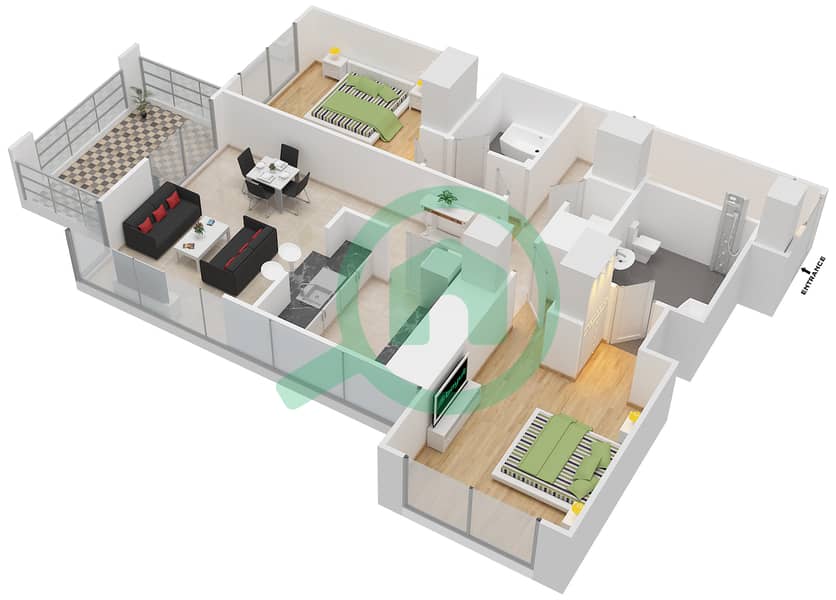 29大道2号塔楼 - 2 卧室公寓套房4 FLOOR 34-43戶型图 interactive3D