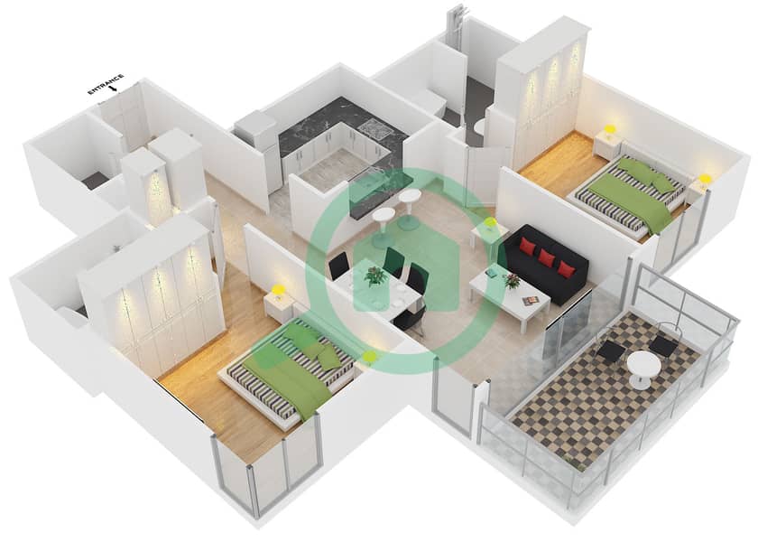 المخططات الطابقية لتصميم التصميم 6 FLOOR 27-32 شقة 2 غرفة نوم - 29 بوليفارد 2 interactive3D