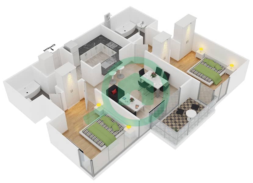 المخططات الطابقية لتصميم التصميم 7 FLOOR 25-26 شقة 2 غرفة نوم - 29 بوليفارد 2 interactive3D