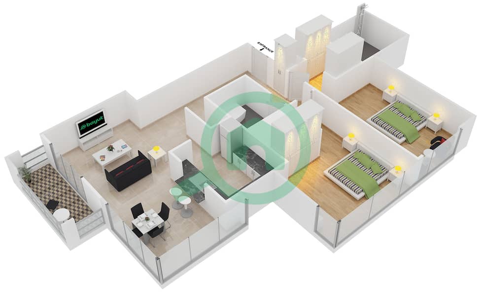 29大道2号塔楼 - 2 卧室公寓套房7 FLOOR 28戶型图 interactive3D