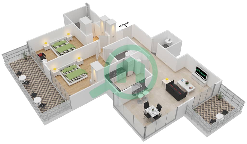 29大道2号塔楼 - 2 卧室公寓套房8 FLOOR 29戶型图 interactive3D