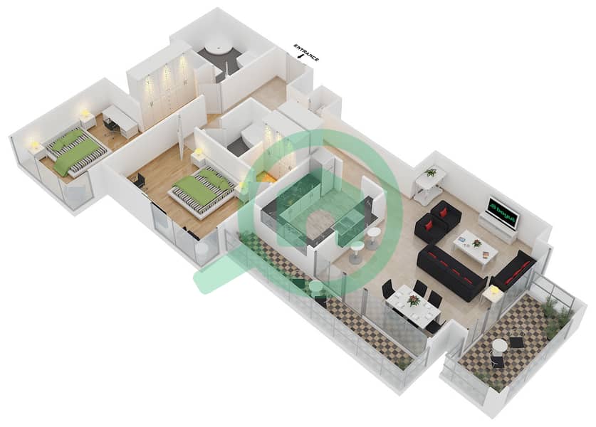 29大道2号塔楼 - 2 卧室公寓套房9 FLOOR 21戶型图 interactive3D