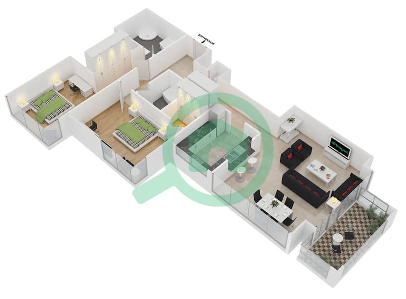 المخططات الطابقية لتصميم التصميم 9 FLOOR 22-24 شقة 2 غرفة نوم - 29 بوليفارد 2 interactive3D