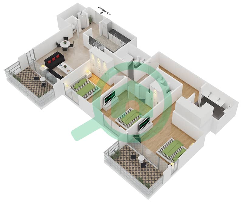 29大道2号塔楼 - 3 卧室公寓套房1 FLOOR 32戶型图 interactive3D