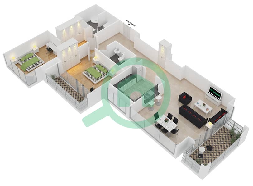 المخططات الطابقية لتصميم التصميم 9 FLOOR 25 شقة 2 غرفة نوم - 29 بوليفارد 2 interactive3D