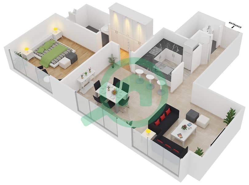 المخططات الطابقية لتصميم النموذج 1 FLOOR 6-13 شقة 1 غرفة نوم - مدى ريزيدنس interactive3D