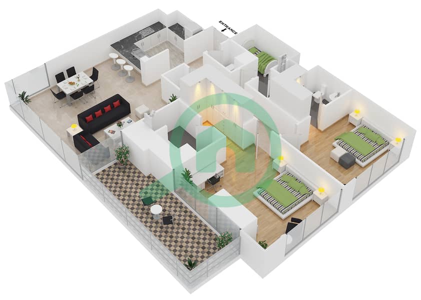المخططات الطابقية لتصميم النموذج 1 FLOOR 6-13 شقة 2 غرفة نوم - مدى ريزيدنس interactive3D