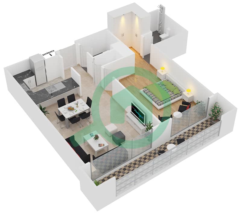 المخططات الطابقية لتصميم النموذج 3 FLOOR 6-13 شقة 1 غرفة نوم - مدى ريزيدنس interactive3D