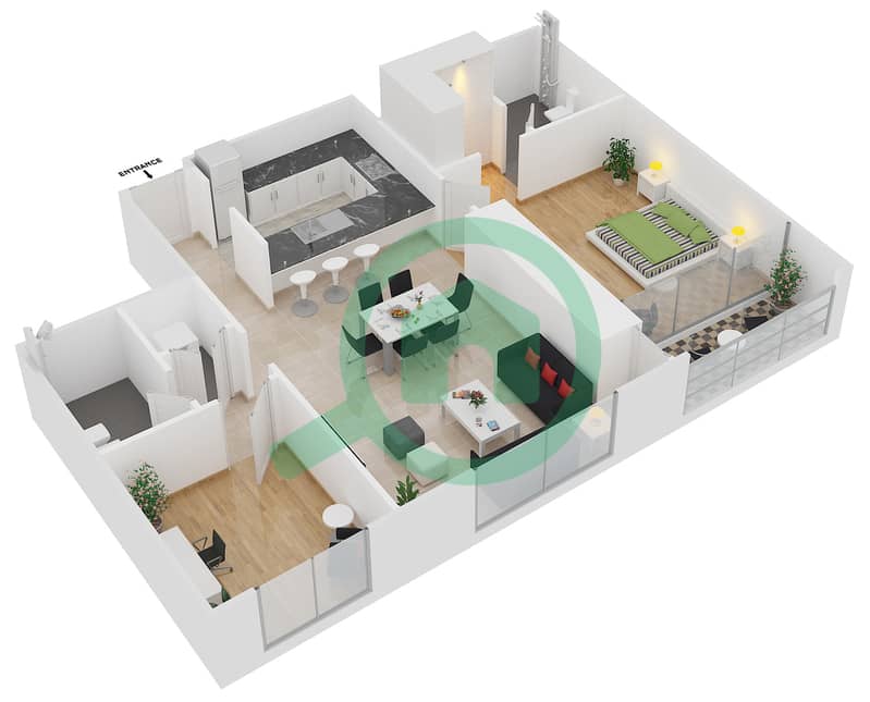 Мада Резиденсес - Апартамент 1 Спальня планировка Тип 4 FLOOR 6-13 interactive3D