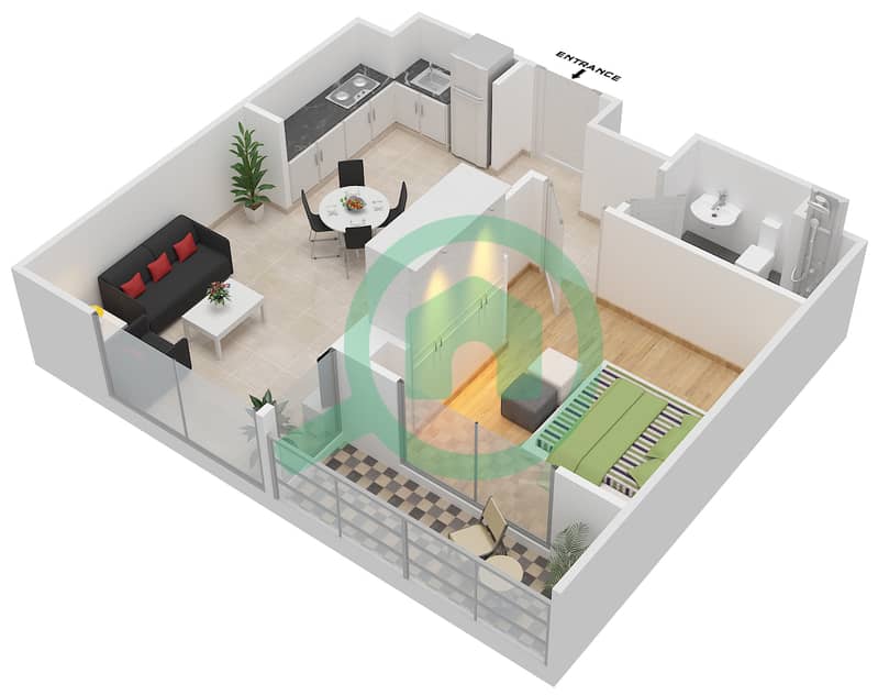 苏巴河畔景观大楼 - 1 卧室公寓类型1A戶型图 interactive3D