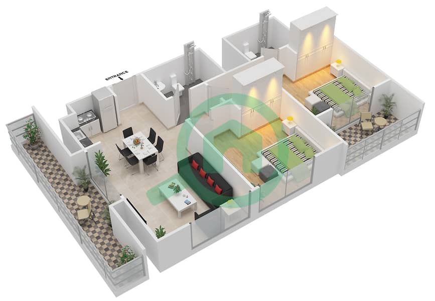 Собха Крик Вистас - Апартамент 2 Cпальни планировка Тип 2B interactive3D