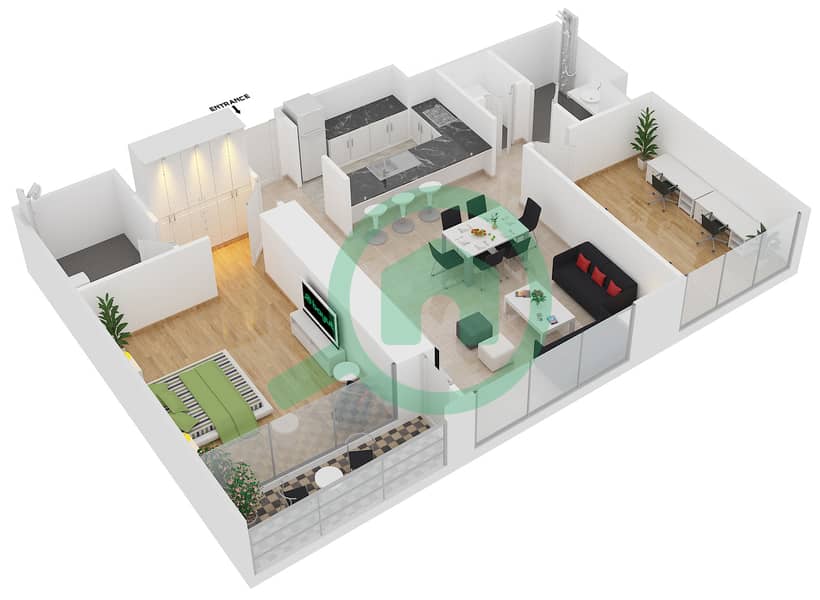المخططات الطابقية لتصميم النموذج 5 FLOOR 6-13 شقة 1 غرفة نوم - مدى ريزيدنس interactive3D