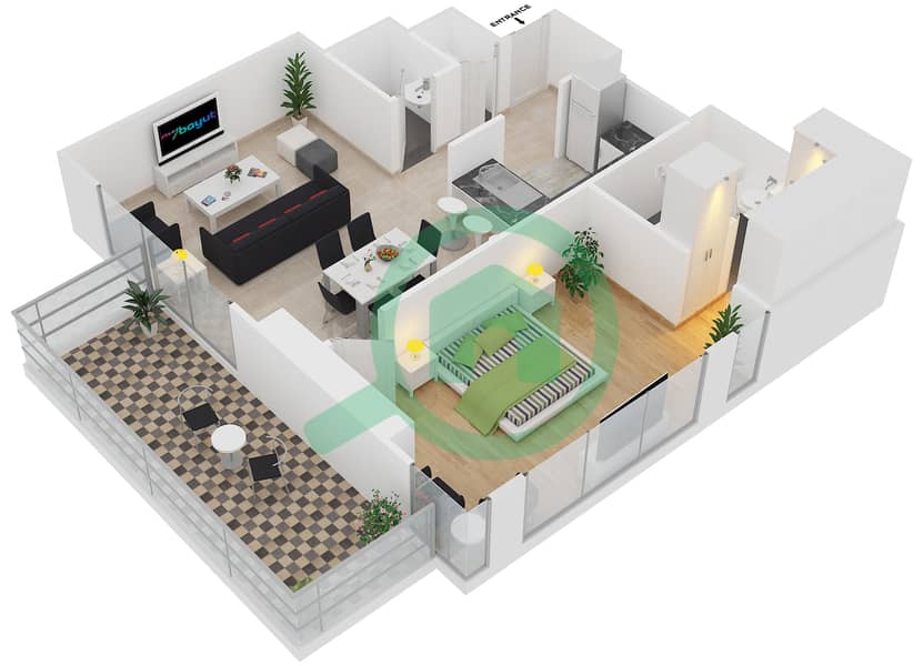 المخططات الطابقية لتصميم النموذج 6 FLOOR 6-13 شقة 1 غرفة نوم - مدى ريزيدنس interactive3D