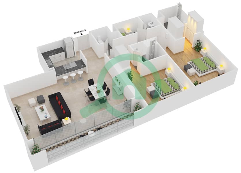 Мада Резиденсес - Апартамент 2 Cпальни планировка Тип 3 FLOOR 15-22,24-31 interactive3D