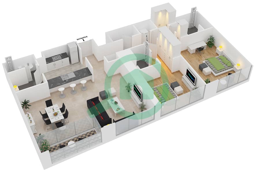 المخططات الطابقية لتصميم النموذج 4 FLOOR 15-22,24-31 شقة 2 غرفة نوم - مدى ريزيدنس interactive3D