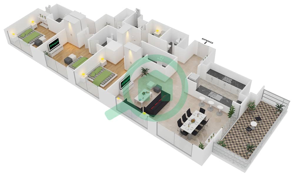 المخططات الطابقية لتصميم النموذج 1 FLOOR 15-22,24-31 شقة 3 غرف نوم - مدى ريزيدنس interactive3D