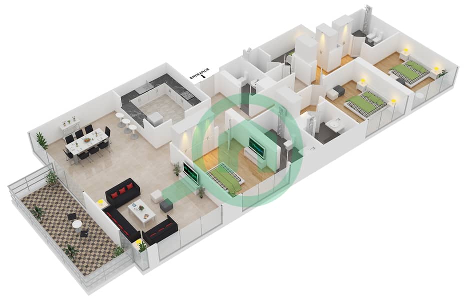 Мада Резиденсес - Апартамент 3 Cпальни планировка Тип 2 FLOOR 15-22,24-31 interactive3D