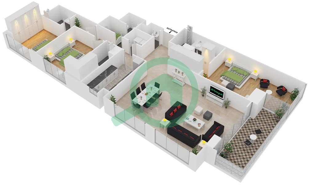 Мада Резиденсес - Апартамент 3 Cпальни планировка Тип 5 FLOOR 23,32-34 interactive3D