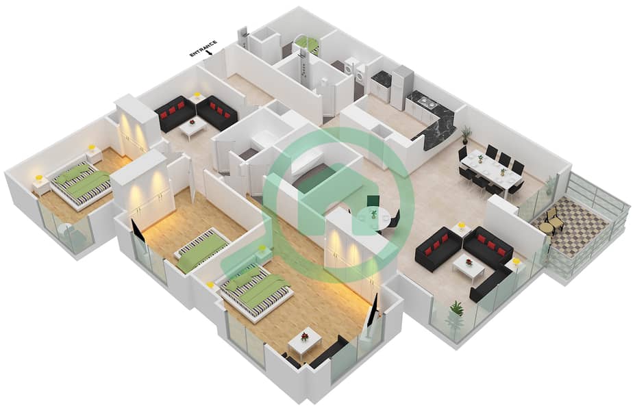 Тауэр Аль Анбар - Апартамент 3 Cпальни планировка Единица измерения 1 / FLOOR 3-7 interactive3D