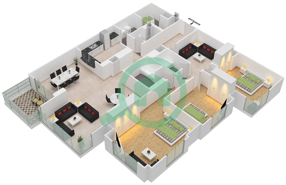 Тауэр Аль Анбар - Апартамент 3 Cпальни планировка Единица измерения 6 / FLOOR 2 interactive3D