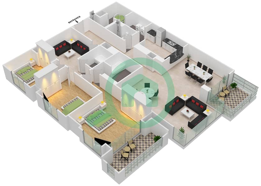 Al Anbar Tower - 3 Bedroom Apartment Unit 1 / FLOOR 8-11 Floor plan interactive3D