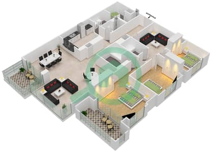 Тауэр Аль Анбар - Апартамент 3 Cпальни планировка Единица измерения 6 / FLOOR 8-11