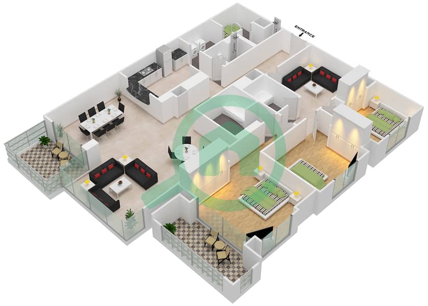 المخططات الطابقية لتصميم الوحدة 6 / FLOOR 8-11 شقة 3 غرف نوم - برج العنبر interactive3D