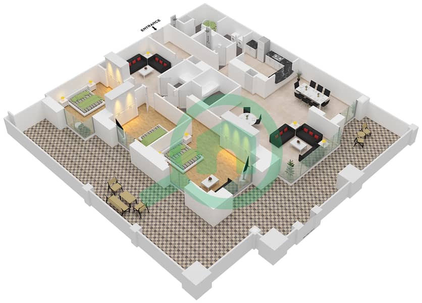 المخططات الطابقية لتصميم الوحدة 1 / GROUND FLOOR شقة 3 غرف نوم - برج العنبر interactive3D