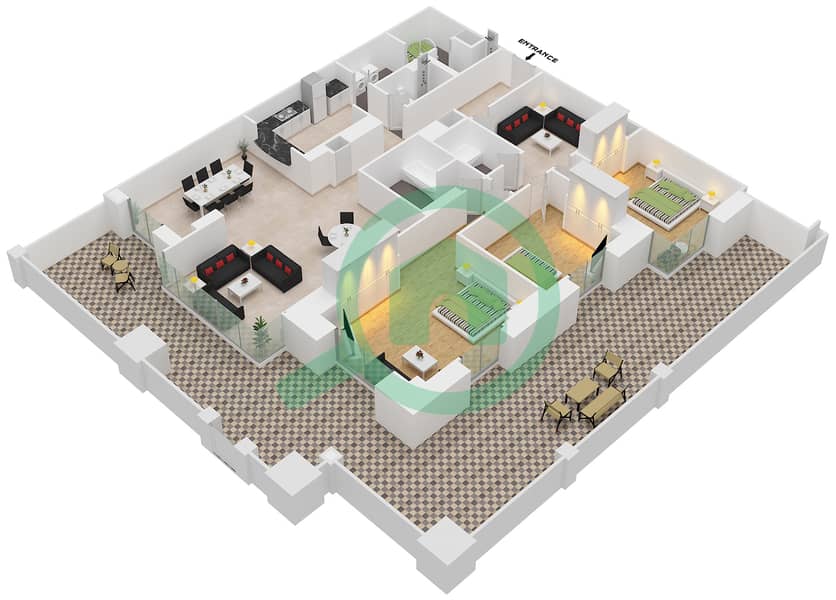 Al Anbar Tower - 3 Bedroom Apartment Unit 5 / GROUND FLOOR Floor plan interactive3D