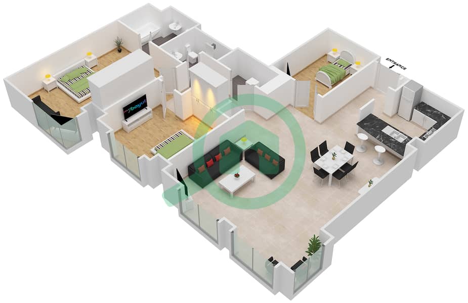 المخططات الطابقية لتصميم الوحدة 6 / FLOOR 1 شقة 3 غرف نوم - برج العنبر interactive3D