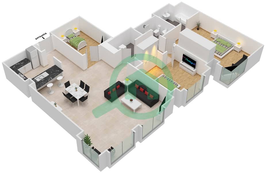 المخططات الطابقية لتصميم الوحدة 1 / FLOOR 1 شقة 3 غرف نوم - برج العنبر interactive3D