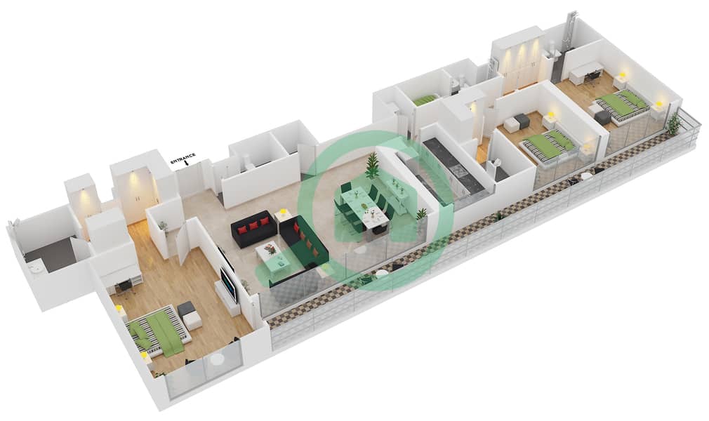 Мада Резиденсес - Апартамент 3 Cпальни планировка Тип 7 FLOOR 23 interactive3D