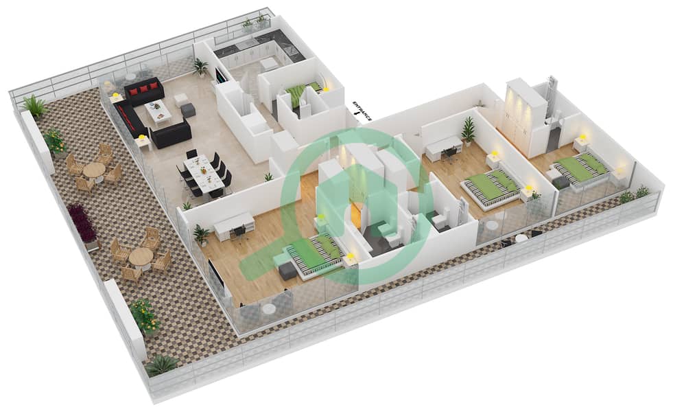 Мада Резиденсес - Апартамент 3 Cпальни планировка Тип 8 FLOOR 23 interactive3D