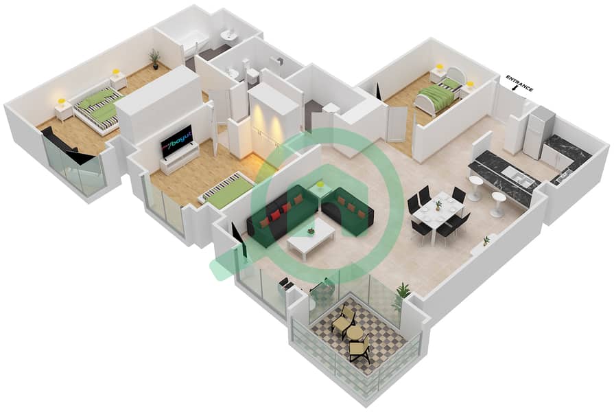 المخططات الطابقية لتصميم الوحدة 5 / FLOOR 2 شقة 3 غرف نوم - برج العنبر interactive3D