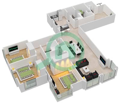 المخططات الطابقية لتصميم الوحدة 3 / FLOOR 1 شقة 3 غرف نوم - برج العنبر