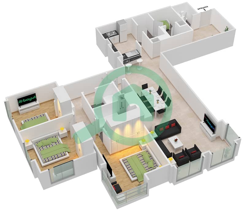 المخططات الطابقية لتصميم الوحدة 3 / FLOOR 1 شقة 3 غرف نوم - برج العنبر interactive3D