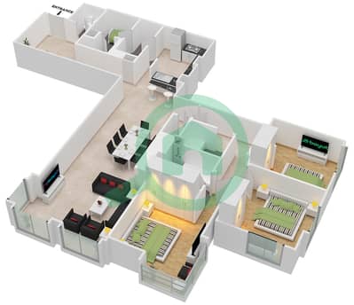 المخططات الطابقية لتصميم الوحدة 4 / FLOOR 1 شقة 3 غرف نوم - برج العنبر