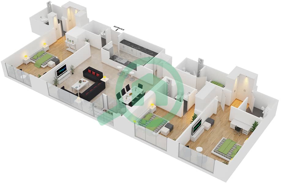 Мада Резиденсес - Апартамент 3 Cпальни планировка Тип 9 FLOOR 33-34 interactive3D