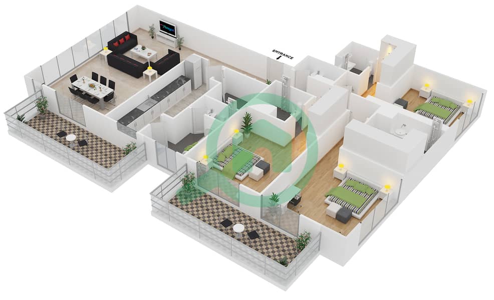 Мада Резиденсес - Апартамент 3 Cпальни планировка Тип 10 FLOOR 33-34 interactive3D