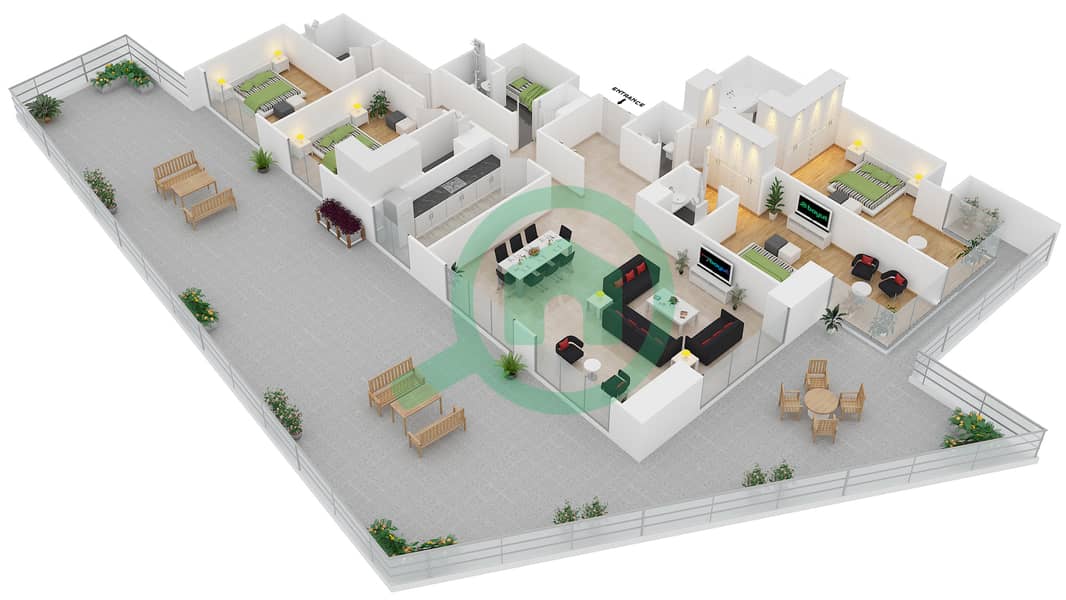 المخططات الطابقية لتصميم النموذج 1 FLOOR 5 شقة 4 غرف نوم - مدى ريزيدنس interactive3D