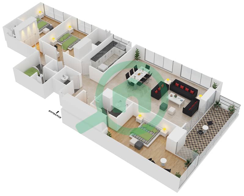 Мада Резиденсес - Апартамент 3 Cпальни планировка Тип 6A,6,5 FLOOR 23,32-34 interactive3D